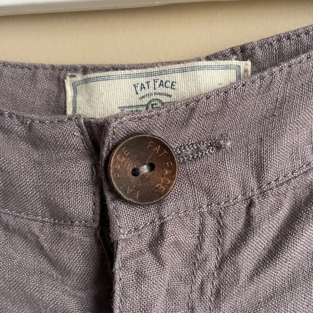 Fat Face X Baird McNutt Irish linen shorts size 2 mauve purple grey